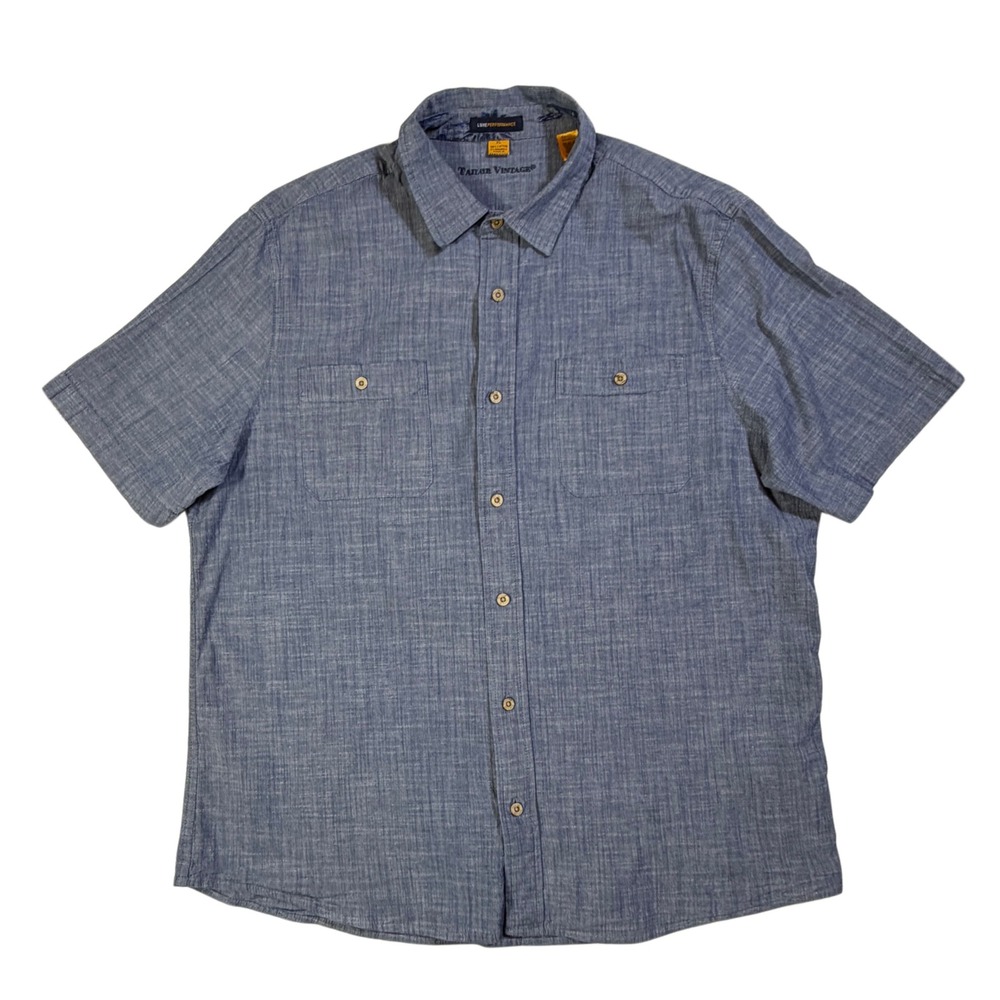 Luxe Performance Blue Chambray Utility Shirt XL Cotton Stretch Short Sleeve